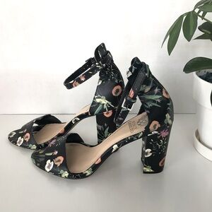 Vince Camuto Court Satin Floral Block Heel Sandals